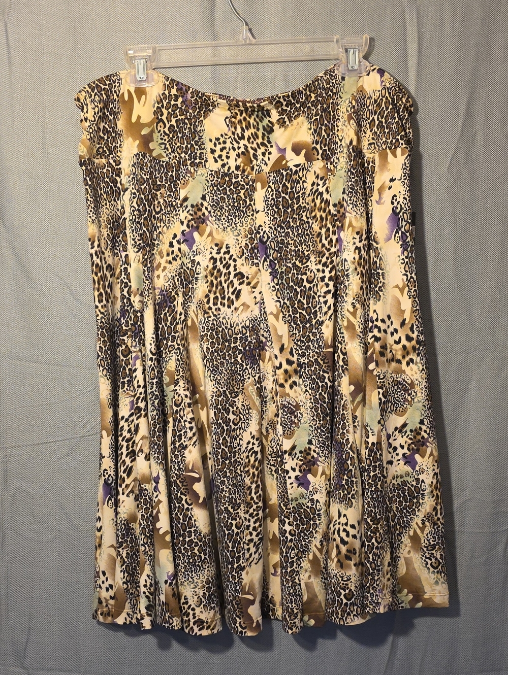 Essentials by Milano Beige Leopard Print Midi Skirt with Purple Accents